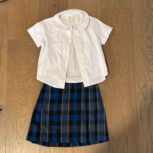 White Blouse and Blue Plaid Skirt Set